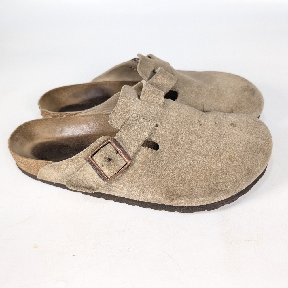 Birkenstock Boston Suede Clogs Taupe Tan Buckle Slip On Shoes Womens 41/10